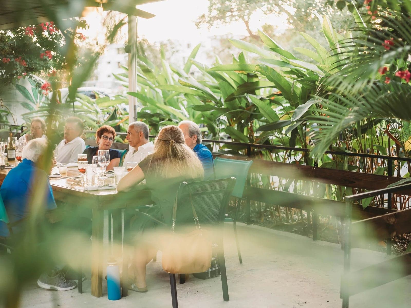 Comensales compartiendo una cena entre la vegetación de Chef's Garden