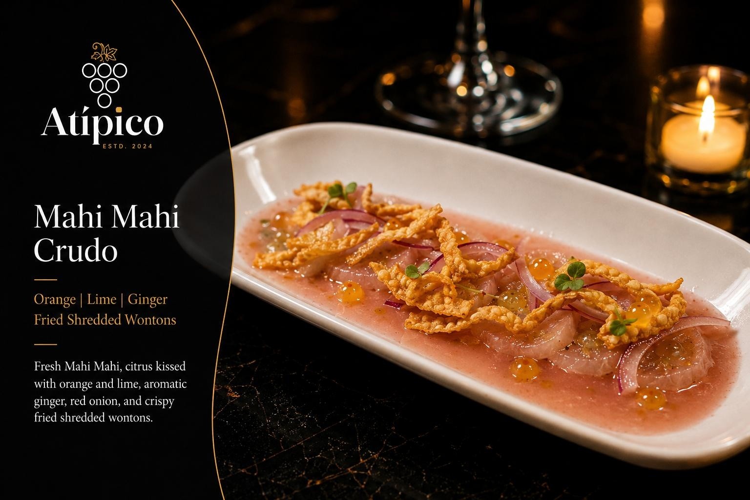 Mahi mahi crudo con cítricos y wonton crujiente