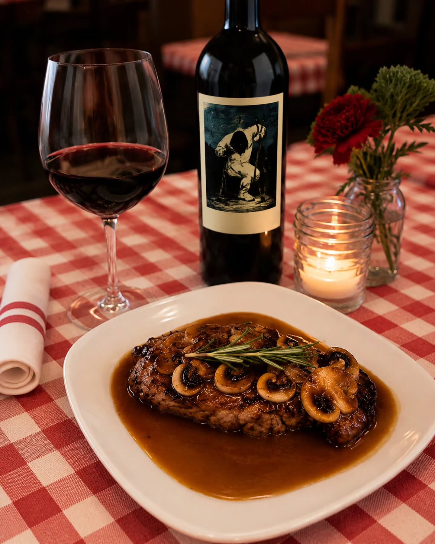 New York steak con demi-glace y setas