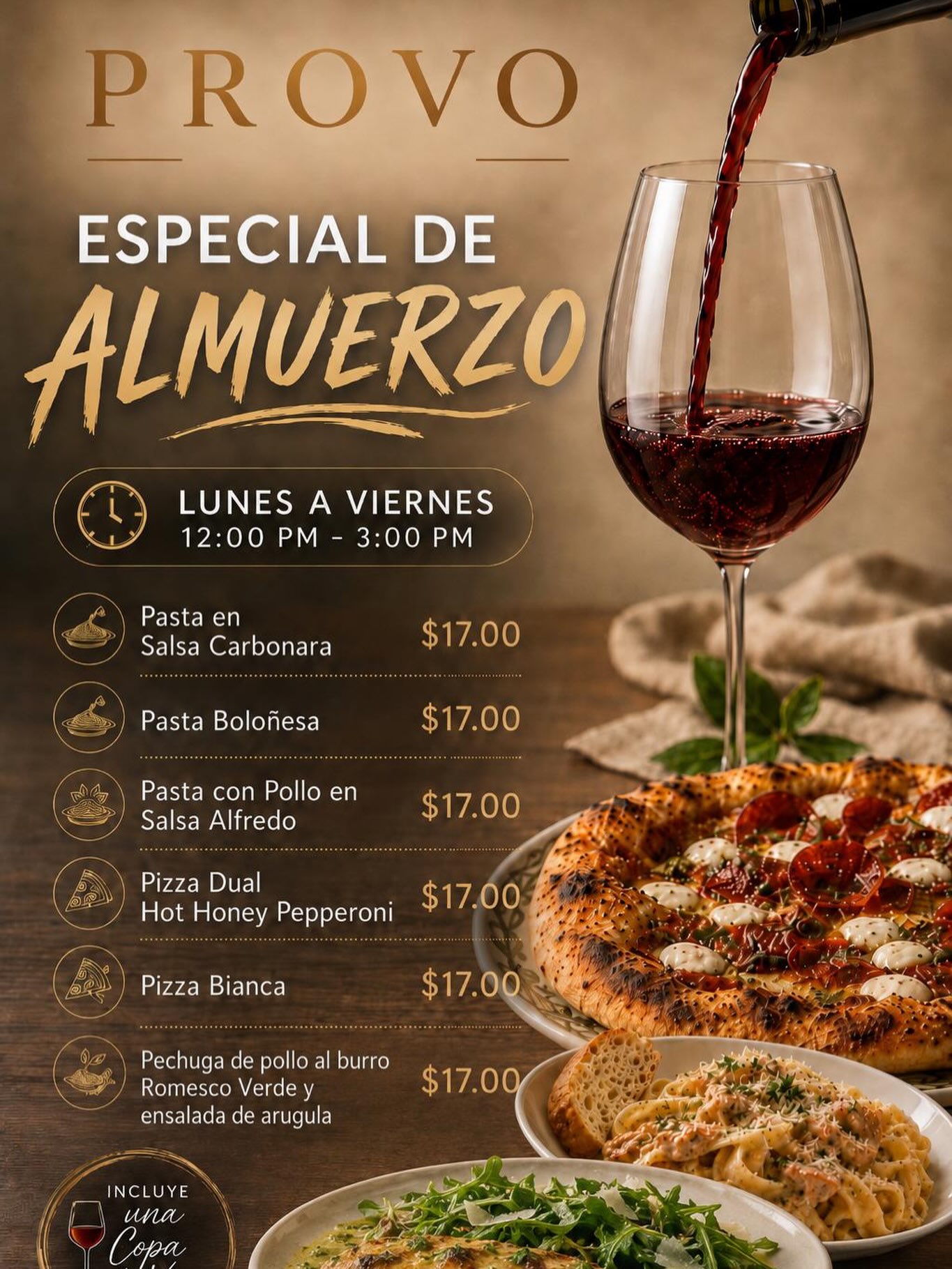 Almuerzo italiano con copa de vino en Carolina