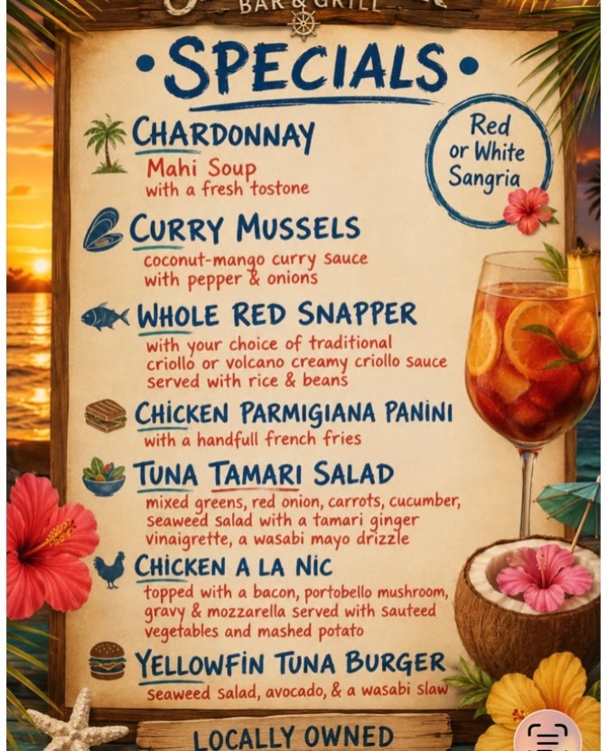 Especiales de almuerzo con mariscos y cocina criolla